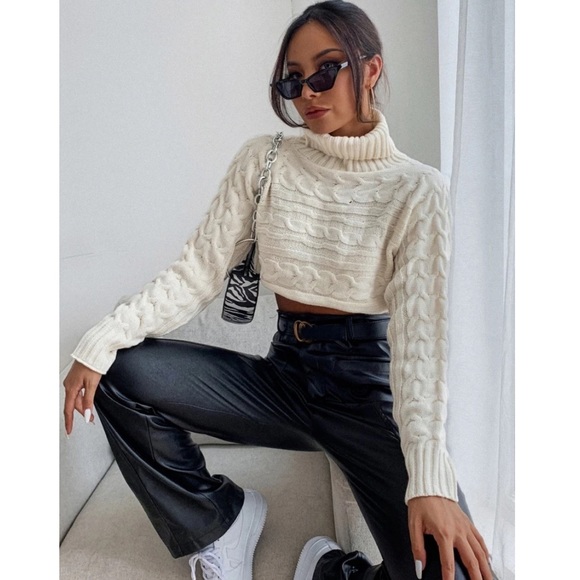 Rebellious Rose Sweaters - High Neck Cable Knit Crop Sweater 🐻